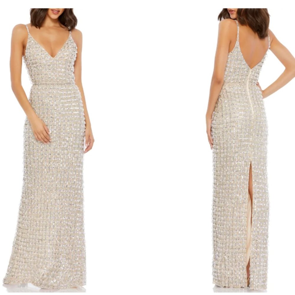 MAC DUGGAL 5394 GEOMETRIC EMBELLISHED CRYSTAL DROP V-NECK GOWN sz 8